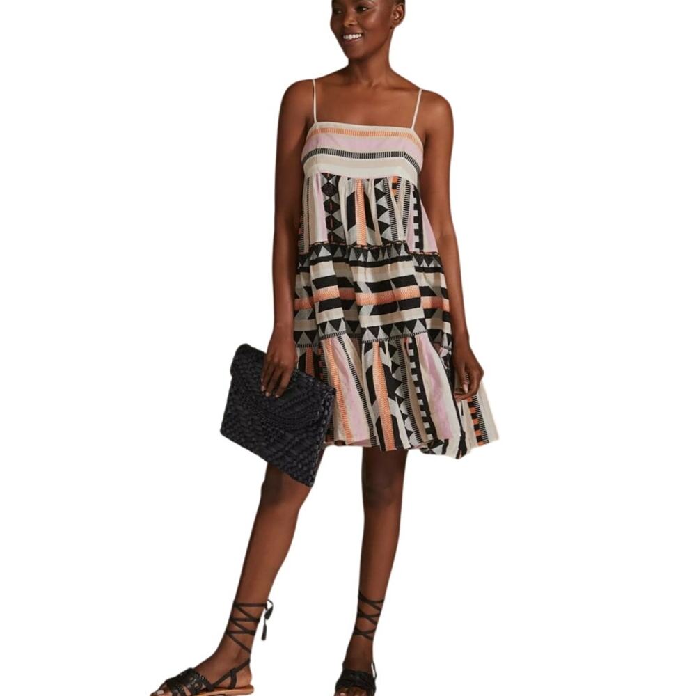 Devotion Twins Square Neck Mini Dress Greek Boho Geometric Tiered Sundress SZ M